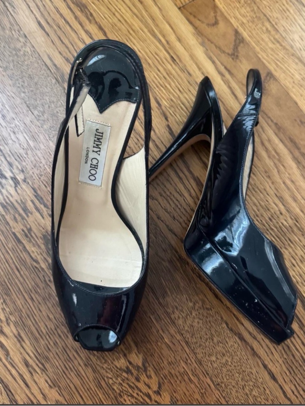 Jimmy Choo Black Patent Leather Peep-Toe Slingback Heels